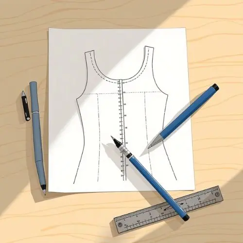 Patrón base para confección de prendas con herramientas de costura como tijeras, cinta métrica y lápices sobre una mesa de trabajo, ideal para procesos de diseño y creación de moda.