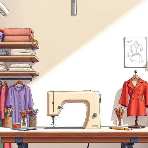 Mesa de trabajo de patronaje con herramientas como tijeras, patrones base y tejidos, ideal para diseñadores de moda en proceso de creación de prendas ajustadas y estilizadas.