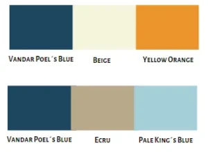 Paleta de colores con combinaciones de azul Vandar Poel, beige, naranja y tonos pastel como el Ecru y Pale King's Blue.