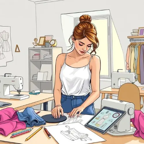 Confeccionista utilizando patrones digitales y herramientas de costura Mujer confeccionista trabajando con patrones de moda en una mesa de corte junto a máquinas de coser y materiales de confección.