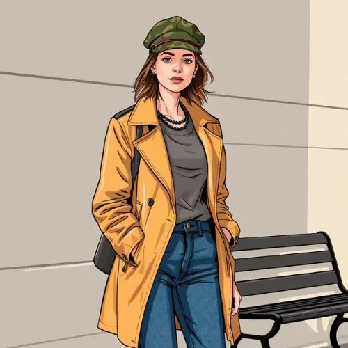 Mujer con chaqueta de piel sintética marrón, gorra de camuflaje y sudadera gris, posa apoyada en una pared de ladrillo.