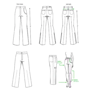 Diagramas de patrones base para pantalones, incluyendo vistas delanteras, traseras y detalles de medidas para la confección.