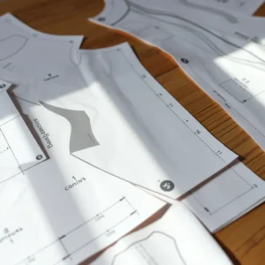 Patrones base de confección sobre una mesa, utilizados en el proceso de patronaje y costura de prendas de vestir.