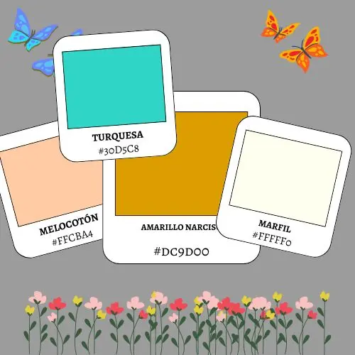 Fichas de tonos cálidos y pastel con accesorios primaverales.