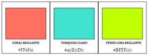 Paleta de colores vibrantes con tonos de coral brillante, turquesa claro y verde lima brillante, junto a los códigos hexadecimales #FF6F61, #40E0D0 y #BFFF00.