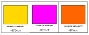 Paleta de colores intensos con tonos de amarillo narciso, rosa fucsia vivo y naranja brillante, acompañados de los códigos hexadecimales #FFD700, #FF00FF y #FF6600.