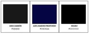 Paleta de colores con gris carbón, azul marino profundo y negro, acompañados de sus códigos hexadecimales (#191919, #060644, #000000), ideales para diseños elegantes y minimalistas. 