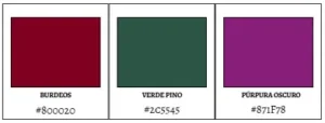 Paleta de colores con burdeos, verde pino y púrpura oscuro, acompañados de sus códigos hexadecimales (#800020, #2C5545, #871F78), ideales para diseños elegantes y sofisticados.