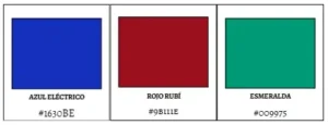 Paleta de colores con azul eléctrico, rojo rubí y esmeralda, acompañados de sus códigos hexadecimales (#1630BE, #9B111E, #009975), perfectos para diseños vibrantes y llenos de energía.