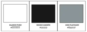 Paleta de colores con blanco puro, negro carbón y gris plateado, acompañados de sus códigos hexadecimales (#FFFFFF, #191919, #849597), perfecta para un estilo minimalista.