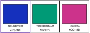 Paleta de colores con azul eléctrico, verde esmeralda y magenta, con códigos hexadecimales (#1630BE, #009975, #CC338B), ideal para diseños atrevidos y modernos.