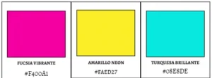 Paleta de colores con fucsia vibrante, amarillo neon y turquesa brillante, acompañados de sus códigos hexadecimales (#F400A1, #FAED27, #08E8DE), ideal para diseños llenos de energía.