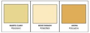 Paleta de colores con marfil claro, beige dorado y arena, con sus códigos hexadecimales (#E6D690, #FBE8BD, #DCAE56), perfecta para diseños naturales y cálidos.