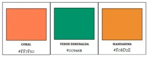 Paleta de colores con coral (#FF7F50), verde esmeralda (#00946B) y mandarina (#F08D2E), perfecta para transmitir frescura y vitalidad en proyectos creativos.