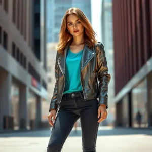 Mujer luciendo un conjunto urbano con chaqueta de cuero negro, top turquesa y jeans ajustados, en un entorno de ciudad moderna, reflejando un estilo casual y sofisticado.