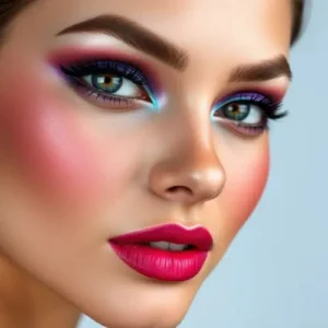 Rostro de mujer con maquillaje en tonos neón y sombras púrpura y azul, complementado con un labial fucsia vibrante, ideal para looks atrevidos y creativos.