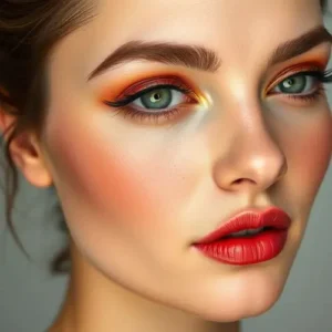 Primer plano de una mujer con maquillaje en tonos cálidos, sombras naranjas, delineado suave y labios rojos vibrantes.