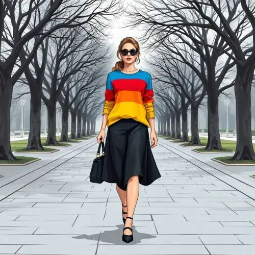 Mujer con un outfit creativo, combinando patrones y colores vivos.