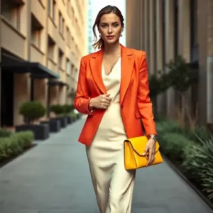 Mujer caminando por un entorno urbano, vistiendo un blazer naranja, vestido beige y bolso amarillo, destacando un estilo elegante y moderno.