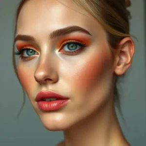 Retrato de una mujer con maquillaje en tonos cálidos de naranja y coral, destacando sombras vibrantes, rubor intenso y labios suaves para un look sofisticado.