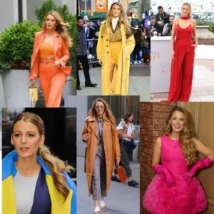 Collage de los looks más icónicos de Blake Lively, con trajes vibrantes, abrigos elegantes y vestidos llamativos, que reflejan su sofisticado sentido de la moda.