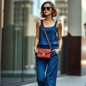 Mujer caminando por un entorno urbano con un conjunto azul monocromático y un bolso rojo cruzado, complementado con gafas de sol oscuras para un look moderno y sofisticado.
