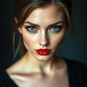 Retrato de una mujer con labios rojos vibrantes y maquillaje intenso en los ojos, destacando cejas definidas y un estilo clásico y sofisticado.