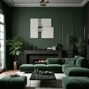 Sala de estar elegante con paredes verde oscuro, muebles a juego, chimenea moderna, cuadros minimalistas y detalles dorados, complementada con plantas decorativas.