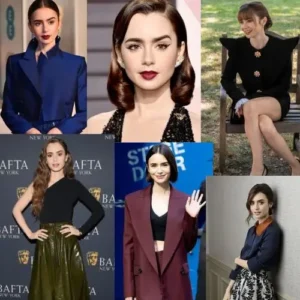 Collage de los estilos más representativos de Lily Collins, incluyendo looks de gala, casuales y modernos, que resaltan su versatilidad y sofisticación como icono de la moda.