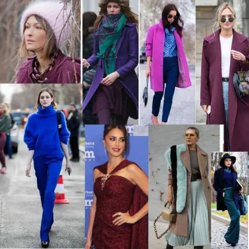 ollage de mujeres vistiendo atuendos en tonos profundos como burdeos, azul eléctrico y morado, con texturas y combinaciones elegantes ideales para el otoño.