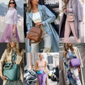 Collage de mujeres con atuendos en tonos pastel, como lila, azul claro y beige, combinados con accesorios elegantes y piezas modernas, perfectos para la temporada primaveral.