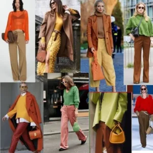 Collage de estilos otoñales con tonos cálidos como naranja, marrón y amarillo, combinados con piezas modernas y accesorios elegantes, perfectos para la temporada.