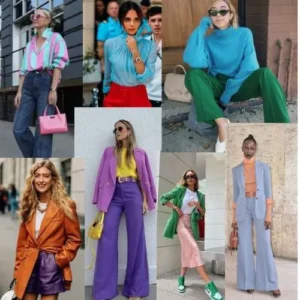 Collage de mujeres luciendo atuendos con combinaciones de color block, utilizando tonos vibrantes como azul, rosa y naranja, creando un estilo audaz y moderno.