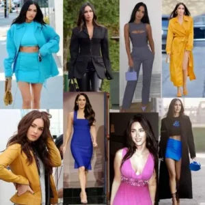 Collage de Megan Fox luciendo una variedad de estilos audaces, con colores vibrantes como azul y amarillo, además de looks monocromáticos elegantes, reflejando su versatilidad y sofisticación.