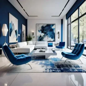 Sala de estar moderna con paredes y muebles en azul intenso y blanco, decorada con arte abstracto y grandes ventanales que aportan luminosidad y estilo contemporáneo.