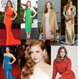 Collage de imágenes de Amy Adams luciendo vestidos y conjuntos en tonos vibrantes como rojo, verde, azul, y dorado, mostrando su elegancia y estilo atemporal.