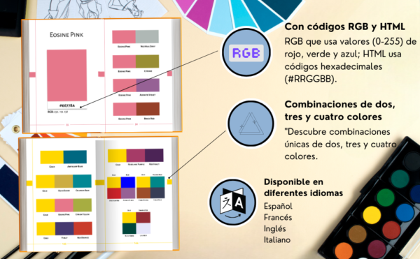 "Guía del Color con combinaciones de dos, tres y cuatro colores, códigos RGB y HTML, y disponibilidad en varios idiomas."