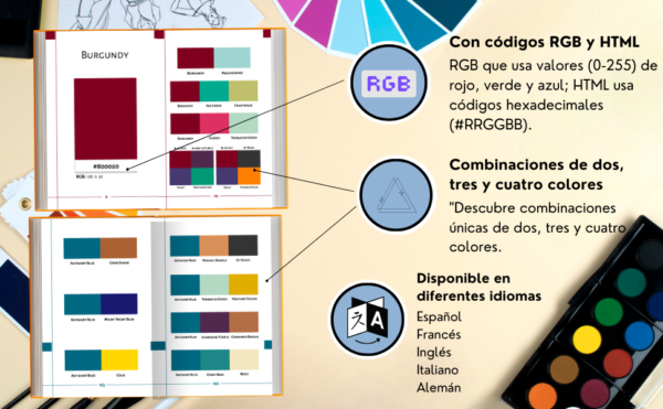 "Guía del Color con combinaciones de dos, tres y cuatro colores, códigos RGB y HTML, y disponibilidad en varios idiomas."