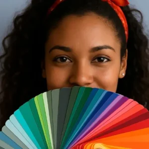 Mujer con cabello rizado sosteniendo una paleta de colores en una análisis de colorimetría profesional online