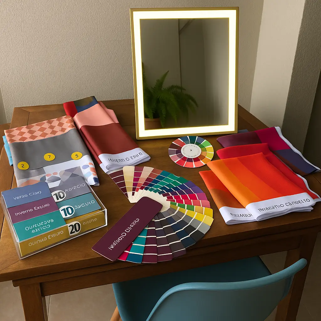 Mesa de trabajo con paletas de color, tejidos por estación y espejo iluminado para estudio de colorimetría en asesoría de imagen personal y corporativa