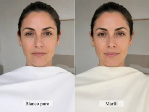 Comparativa de colorimetría entre blanco puro y marfil junto al rostro para observar qué tono armoniza mejor con la piel.