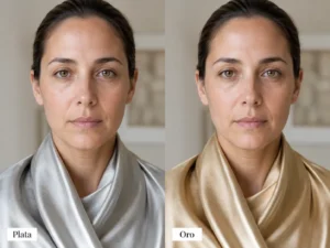 Comparativa de colorimetría con plata y oro junto al rostro para observar qué metal armoniza mejor con la piel.