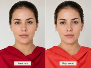Comparativa de colorimetría entre rojo rubí y rojo coral en prendas cerca del rostro para observar qué tono favorece más.