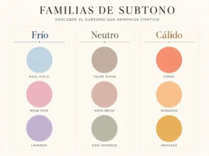 Esquema de colorimetría con subtonos frío, neutro y cálido, representados con colores como azul hielo, rosa frío, taupe, coral y mostaza.