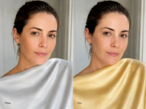 Comparativa de colorimetría junto al rostro entre plata y oro para identificar si favorecen más los tonos fríos o cálidos.