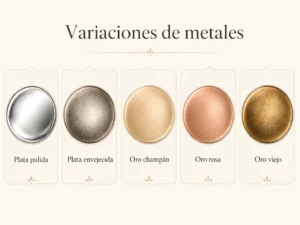 Infografía de colorimetría con variaciones de metales: plata pulida, plata envejecida, oro champán, oro rosa y oro viejo.